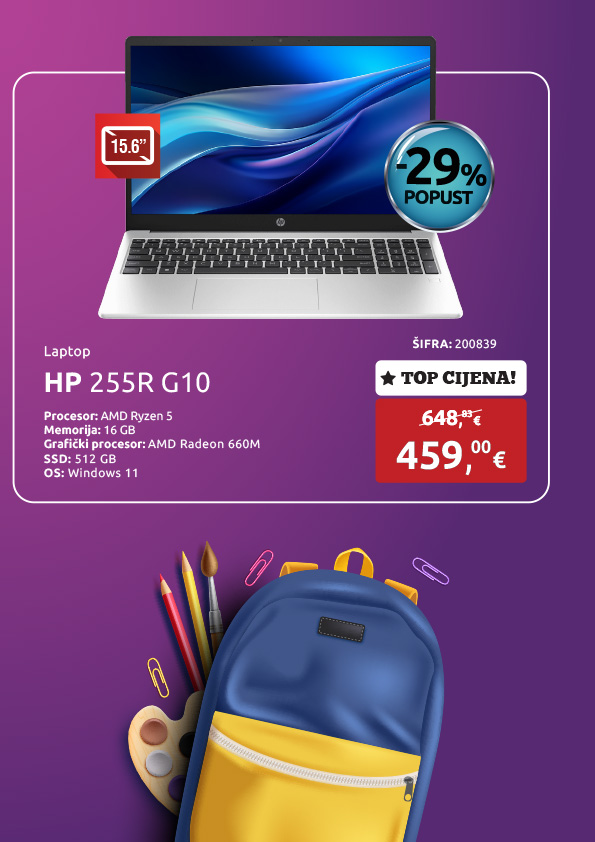 Laptop HP 255R G10, Ryzen 5-7535U/16GB/512GB SSD/AMD Radeon 660M/15.6''FHD/Win 11 (AD1V0ET)