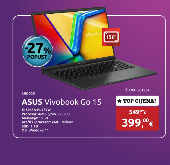 Laptop ASUS Vivobook Go 15 E1504FA-NJ789W, Ryzen 5-7520U/16GB/1TB SSD/AMD Radeon/15.6'' FHD/Win 11 (90NB0ZR2-M01ZJ0)