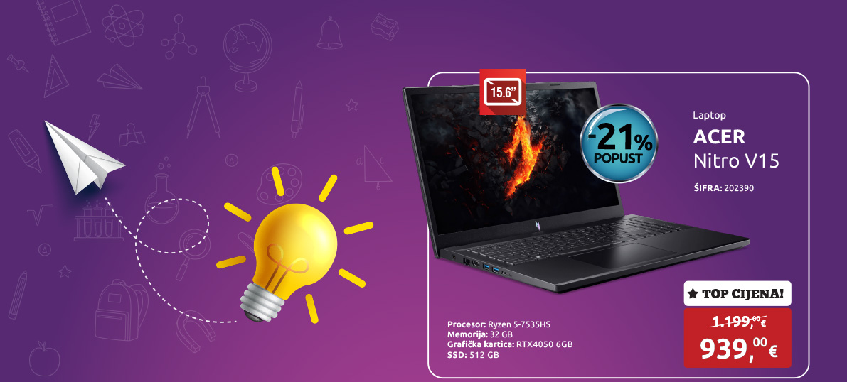 Laptop ACER Nitro V15, Ryzen 5-7535HS/32GB/512GB SSD/RTX4050 6GB/15.6''IPS/NoOS (NH.QSGEX.009)