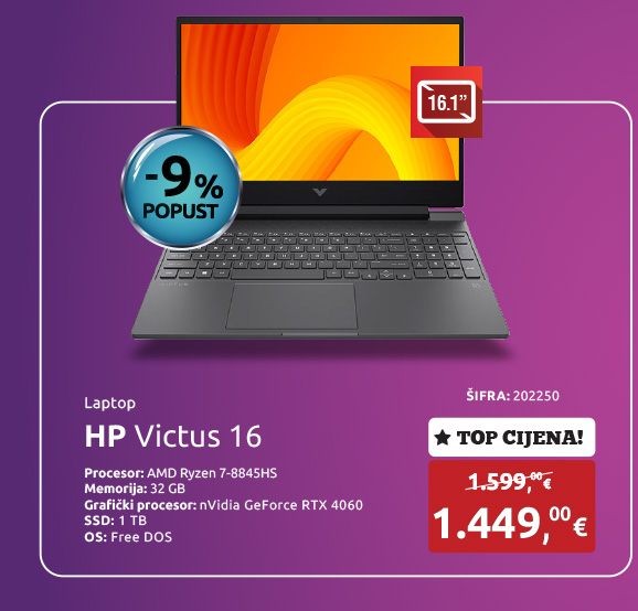 Laptop HP Victus 16, Ryzen 7 8845HS/32GB/1TB SSD/RTX 4060 8GB/16.1''FHD IPS/FreeDOS (B0UC6EA)